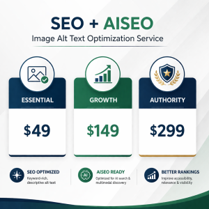 Image Alt Text SEO and AISEO Optimization Service - Three pricing tiers from $49 to $299 for ADA compliant alt tag writing